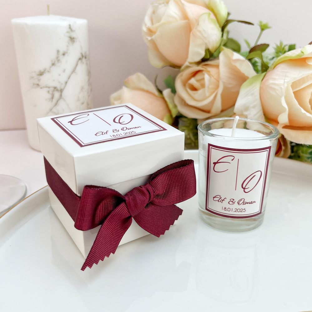 Kutulu Bardak Mum Hediyelik, Bordo Kurdele