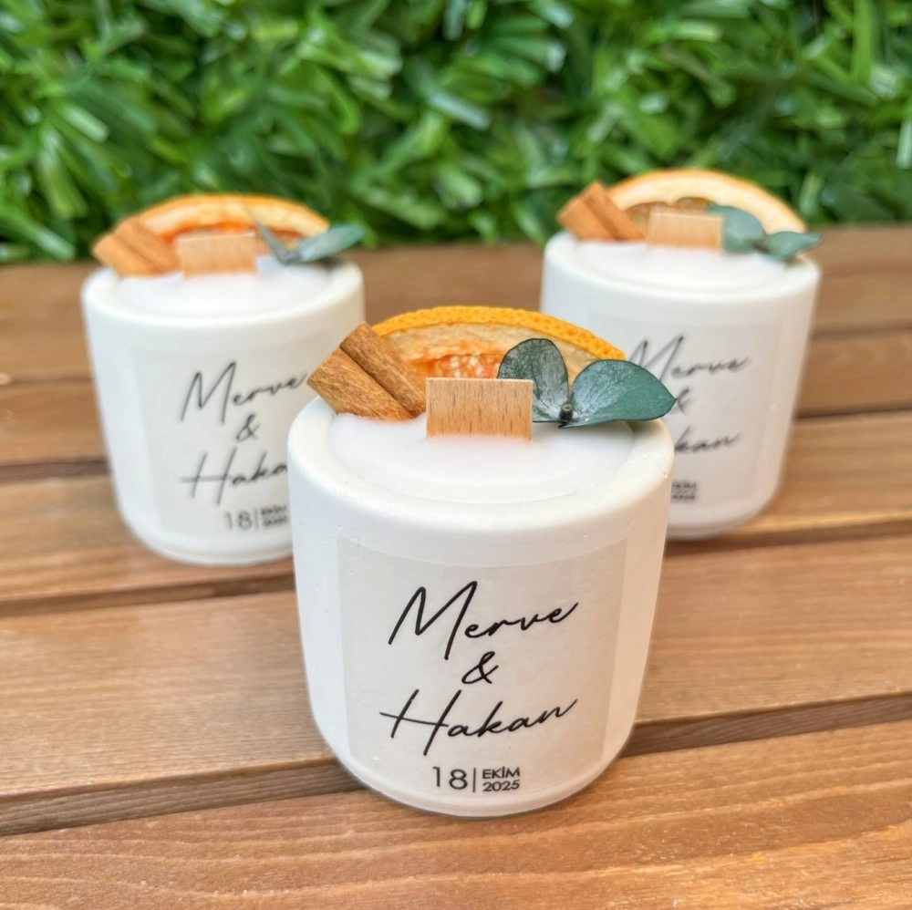 Beton Hediyelik Mum-Tarçın,greyfurt, okaliptüs süslemeli