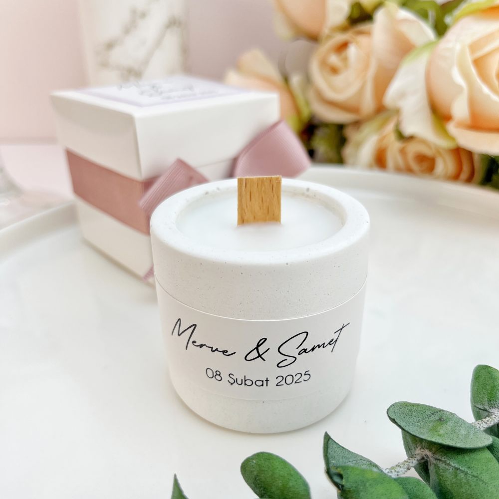Kutulu Beton Hediyelik Mum, Pudra Kurdeleli