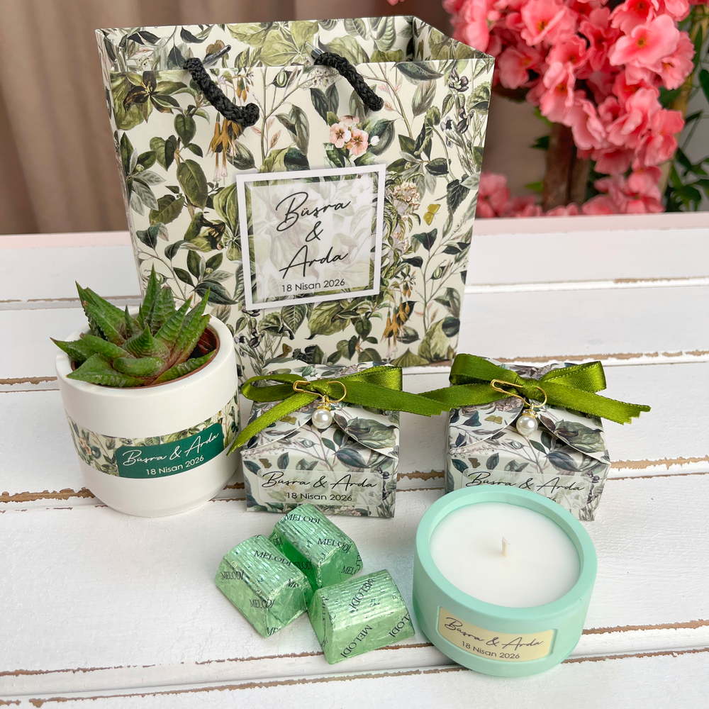 Sukulent, Çikolata, Mum Düğün Hediyelik Set | Yeşil Konsept