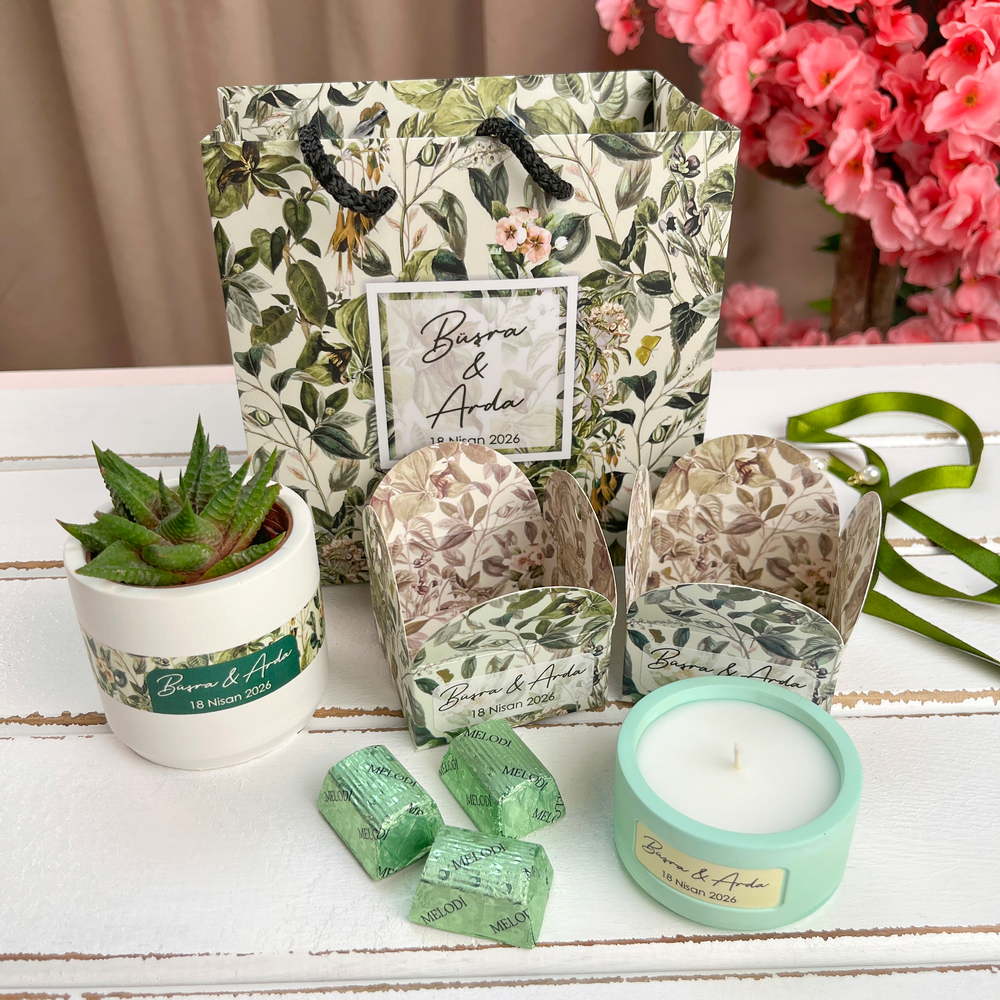 Sukulent, Çikolata, Mum Düğün Hediyelik Set | Yeşil Konsept