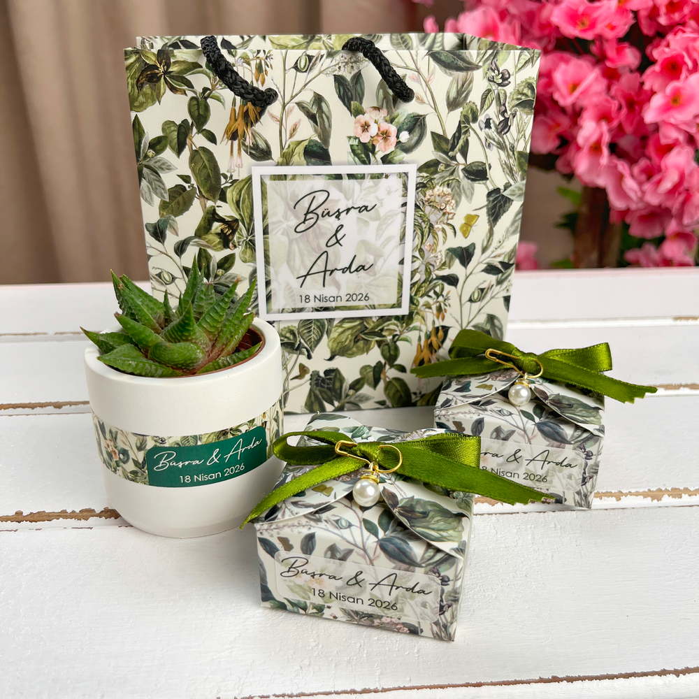 Sukulent, Çikolata, Mum Düğün Hediyelik Set | Yeşil Konsept