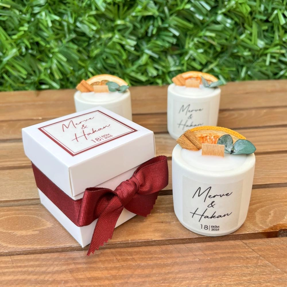 Kutulu Beton Hediyelik Mum, Bordo Kurdele