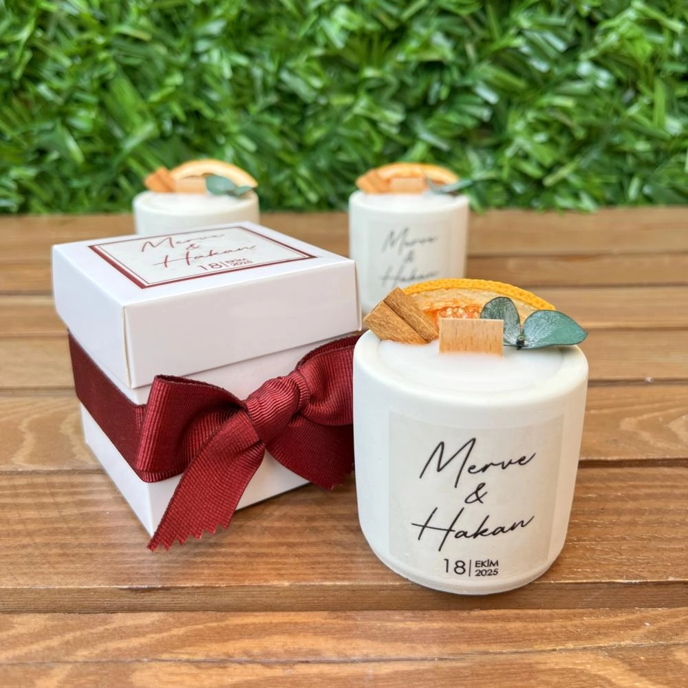 Kutulu Beton Hediyelik Mum, Bordo Kurdele
