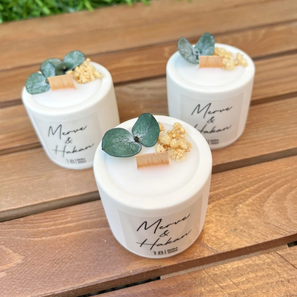 Beton Mum-Nişan Hediyesi Okaliptüs, Kuru Çiçek Süslemeli