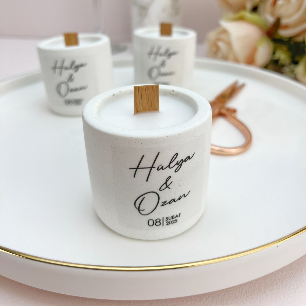 Beton Hediyelik Mum, Şeffaf Sticker Baskılı