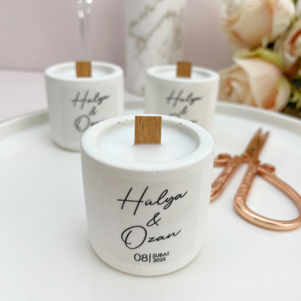 Beton Hediyelik Mum, Şeffaf Sticker Baskılı