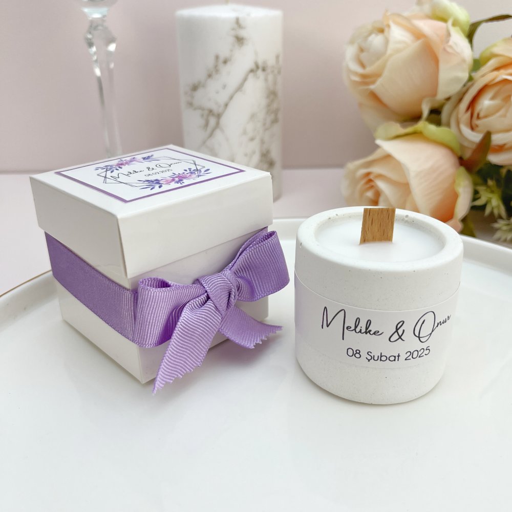 Kutulu Beton Hediyelik Mum, Lila Kurdeleli